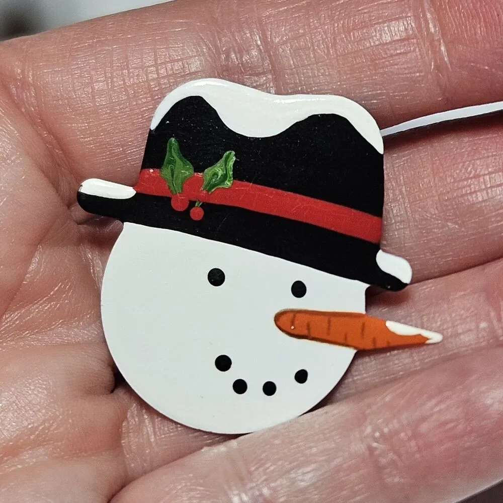 Signed Handmade Vintage Painted Metal Snowman Brooch